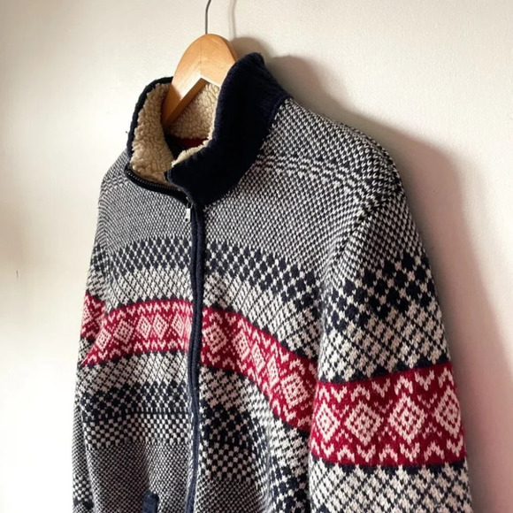 Tommy Hilfiger Sweater Wool Blend Blue Fair Isle Wool Full Zip Apres Ski Medium - Picture 3 of 5